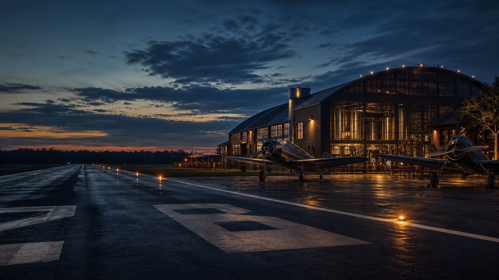 Aviator field runway leading to a glowing brewery hangar at dusk